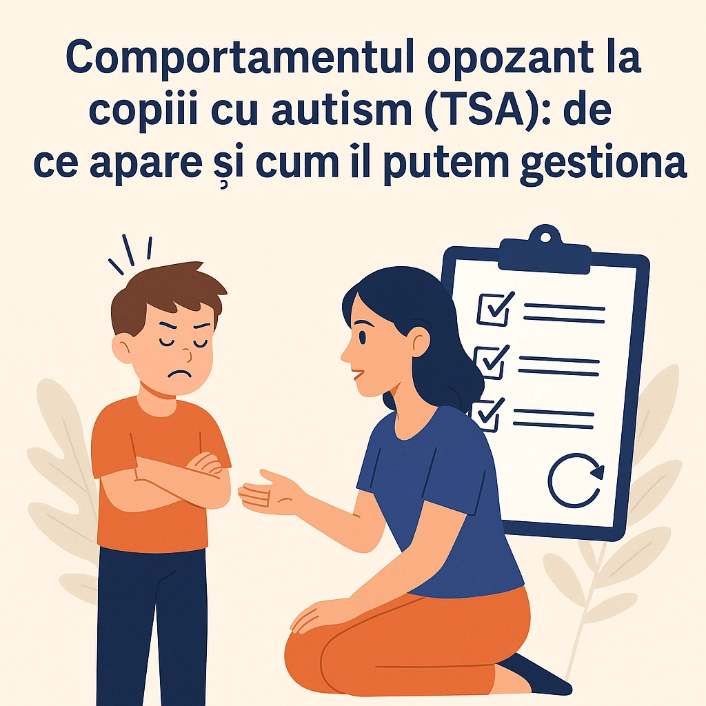 Terapeut discutând cu un copil cu autism (TSA) care are un comportament opozant, într-un cadru de terapie prietenos.